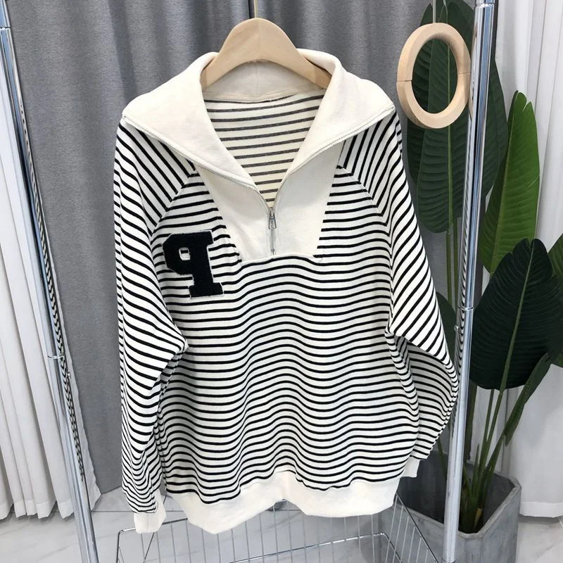 

Свитшот больших размеров для женщин, свободного кроя, в полоску, с воротником, в корейском стиле, осенний топ для полных женщин, размеры до 300 Pou