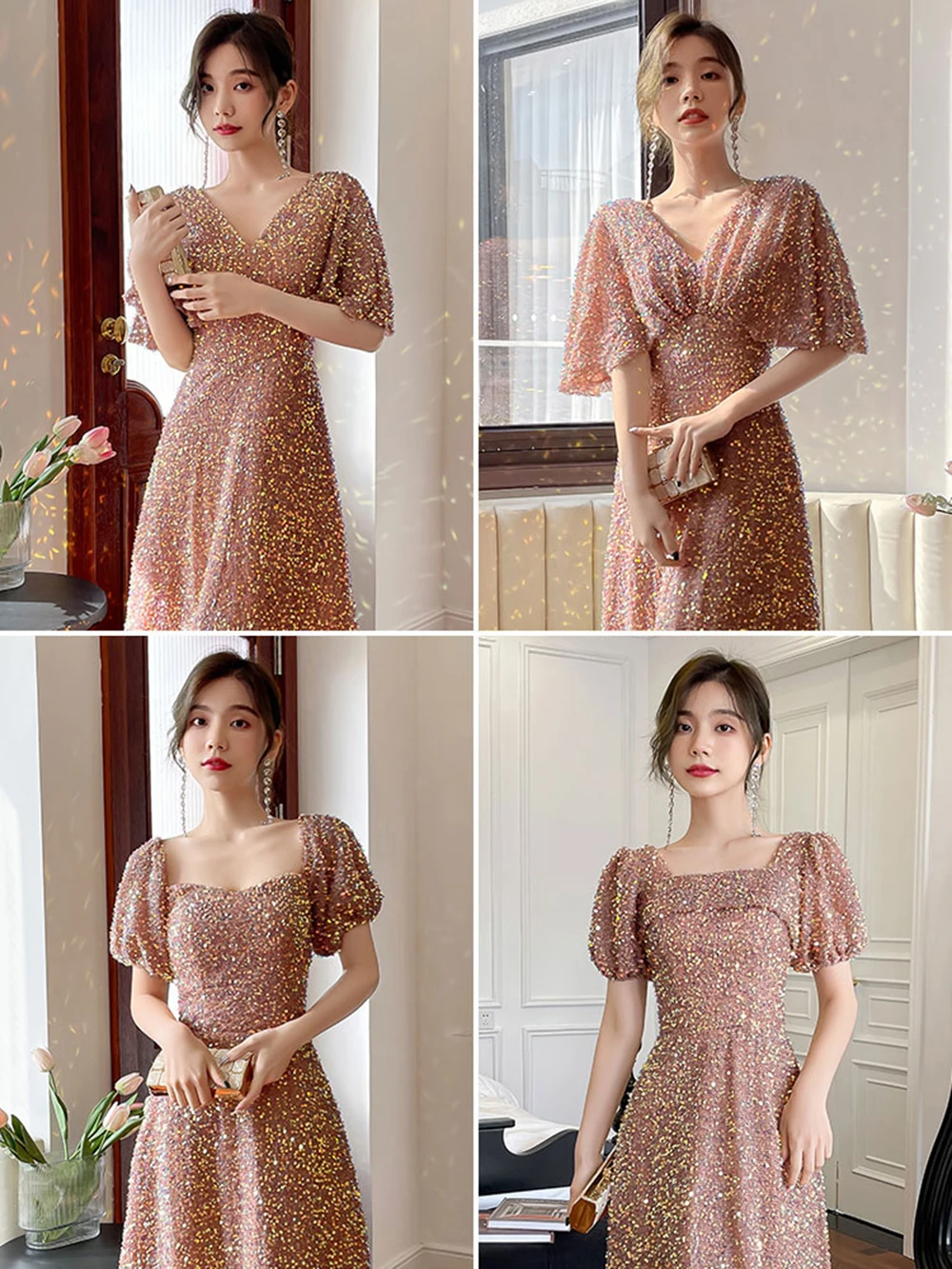 Light Luxury Women Champagne Pink Bridesmaid Dress Elegant Sequins Slim Fit Floor-Length A-Line Prom Gown Sisters Party Vestido