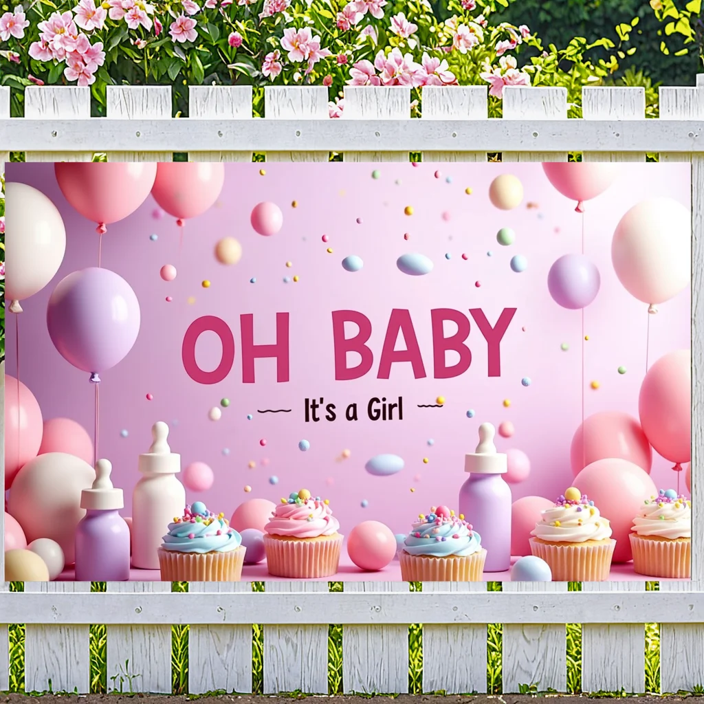 อาบน้ําเด็กสีชมพู Oh Baby It'S A Girl แบนเนอร์การถ่ายภาพพื้นหลังเค้ก Smash Party Supplies เพศเปิดเผยฉลอง Decor