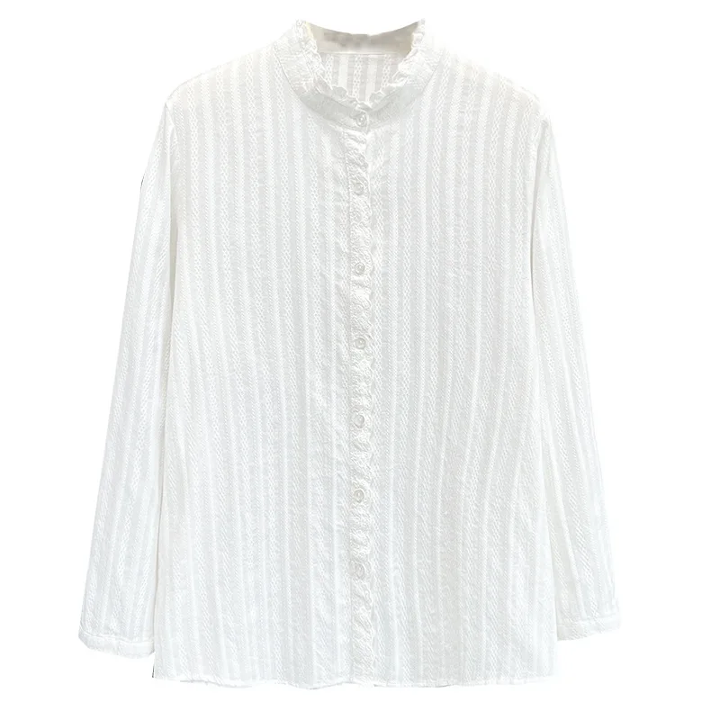 

Plus Size Women's Blouses 2025 Autumn New Style Casual Ruffled Collar Vertical Long Sleeved Shirt 9088