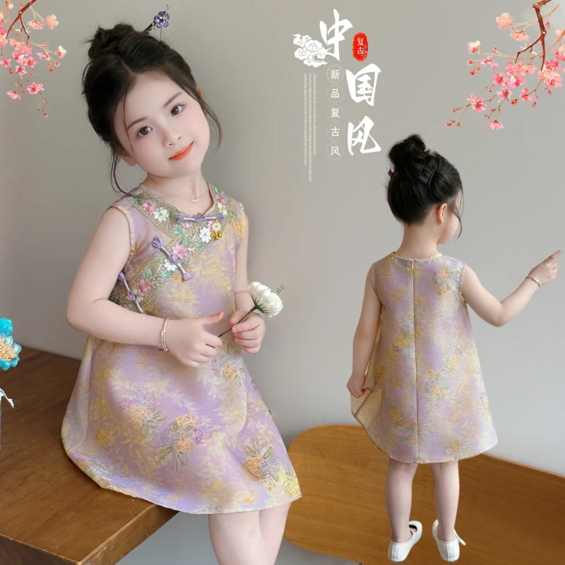 Kids Girls Sleeveless Floral Jacquard Qipao Dress Chinese Style Embroidery Summer Party Cheongsam Dress 3-6 Years