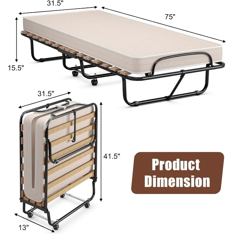 Giantex Folding Bed with Mattress, Rollaway Guest Bed w/ 4 Inch Memory Foam Mattress, Sturdy Metal Frame, Portable