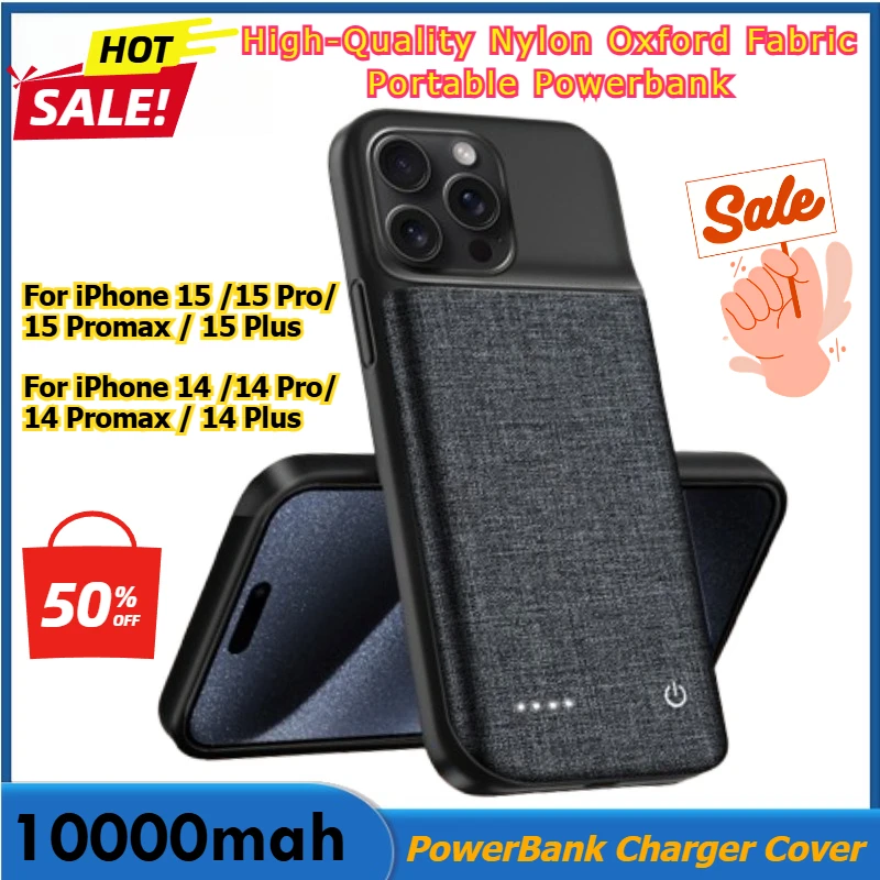 

10000mAh Battery Charger Case for IPhone 15/14 Pro Max Plus Nylon Oxford Fabric Rechargeable Power Bank Charging Charger Cover