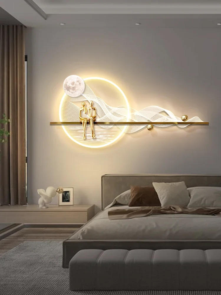 

Designer room: master bedroom, bedside wall lamp painting, high-end sense of light luxury LED ambient light, moon hanging painti