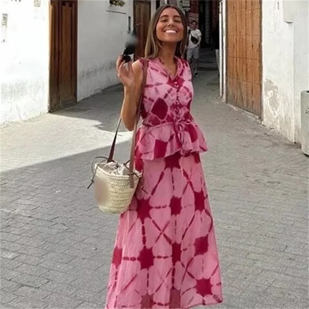 Taop&Za 2024 Summer New Product Women's Fashion Temperament Slim fit Printed Sleeveless Top High Waist Half Skirt Two Piece Set