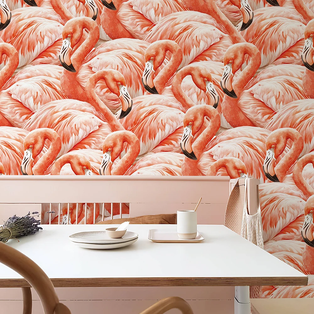Self Adhesive Red Flamingos Wallpaper Chic Peel And Stick Waterproof Birds Wall Decor Classic Living Room Cabinet Sticker