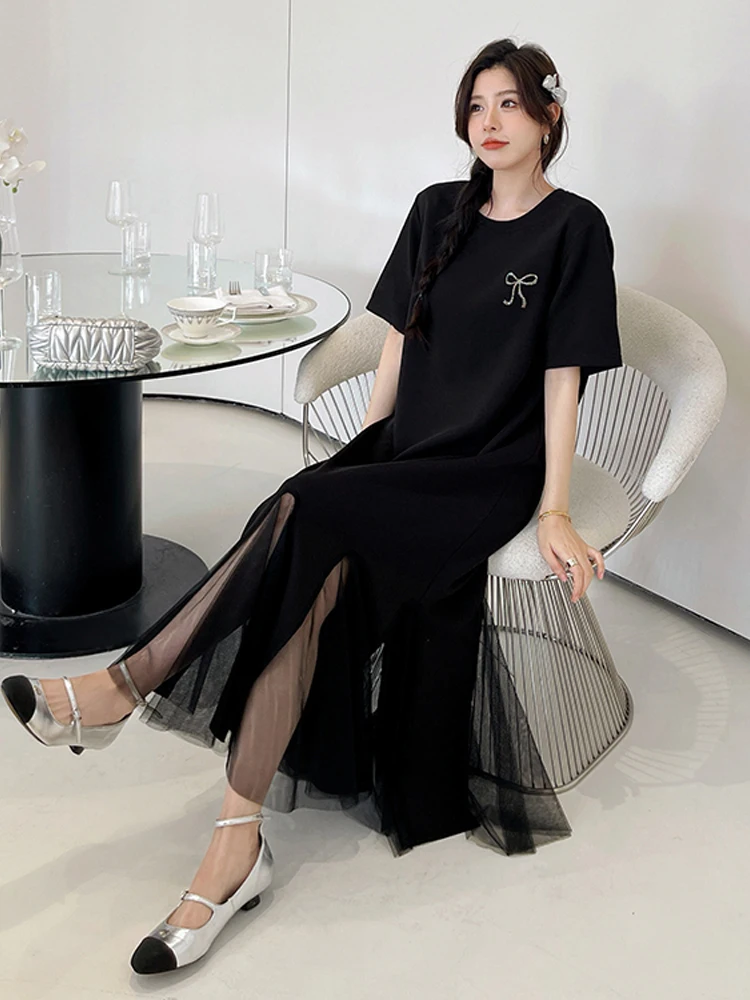 NYFS 2025 فستان نسائي كوري صيفي جديد من فيستدوس رداء Elbise فضفاض مقاس كبير بحاشية شبكية وأكمام قصيرة فساتين طويلة #3