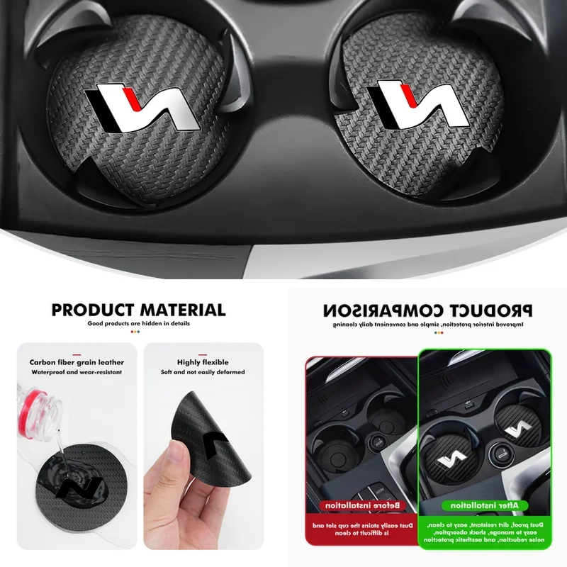 2pcs Car Style Coaster Mat Carbon Fiber Cup Holder Mat Non-slip Accessories For  N Line I20 I30 Sonata Tucson Azera