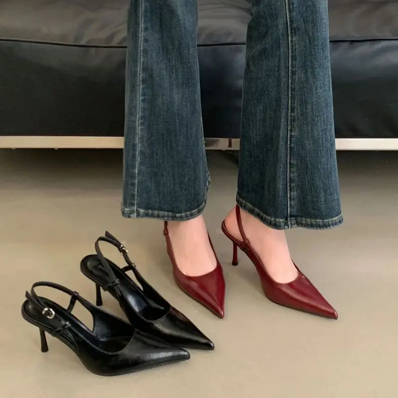 

Wine Red Heels Sexy Pointed Toe Slingbacks Heels Summer Office Shoes Black Ladies Pumps Woman Dress Shoes Stilettos Mujer