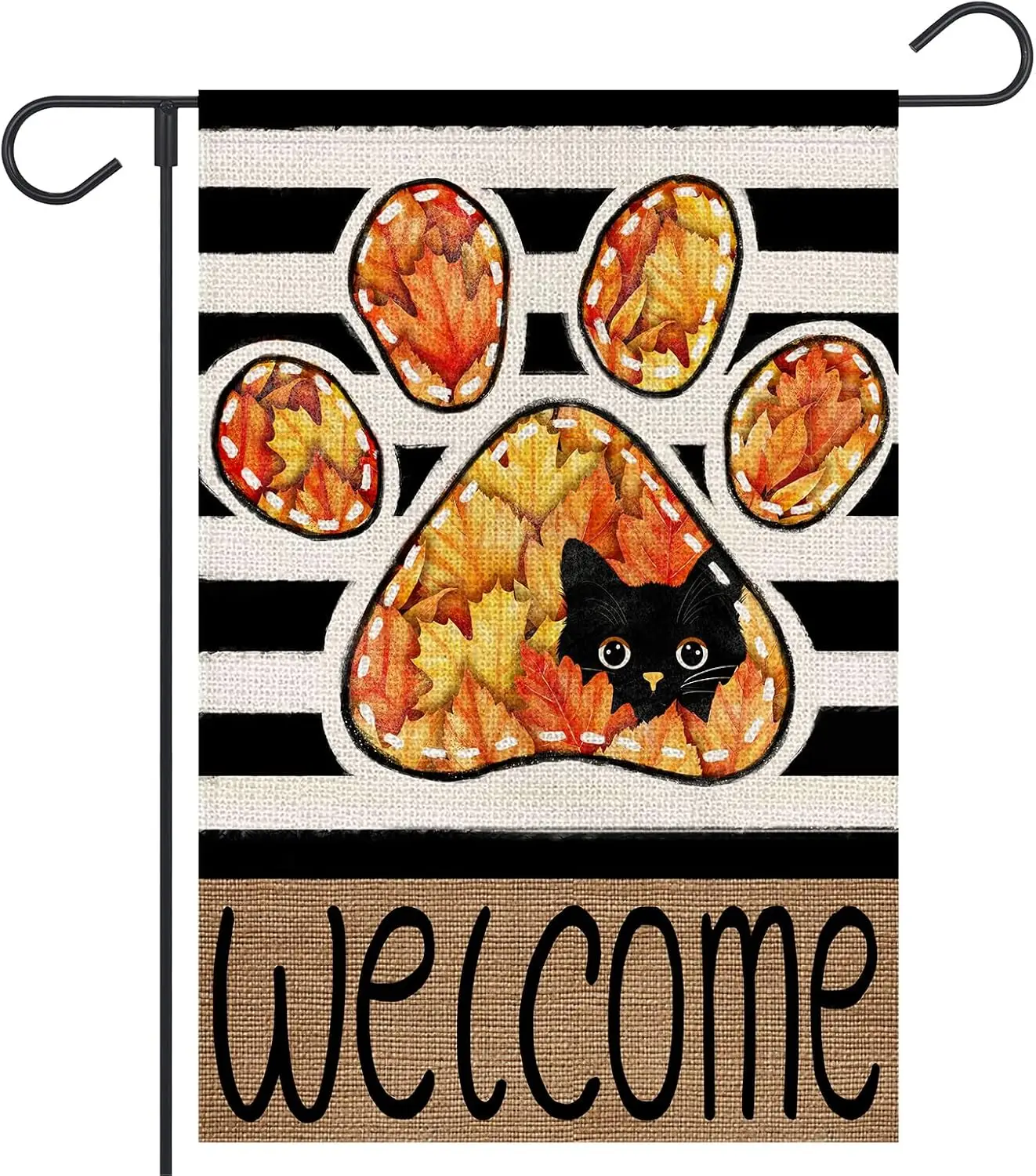 Welcome Fall Cat Garden Flag 12x18 Inch Double Sided Outside Maple Leaves Paw Print Stripes Small Burlap Flag Yard Farmhouse UUN