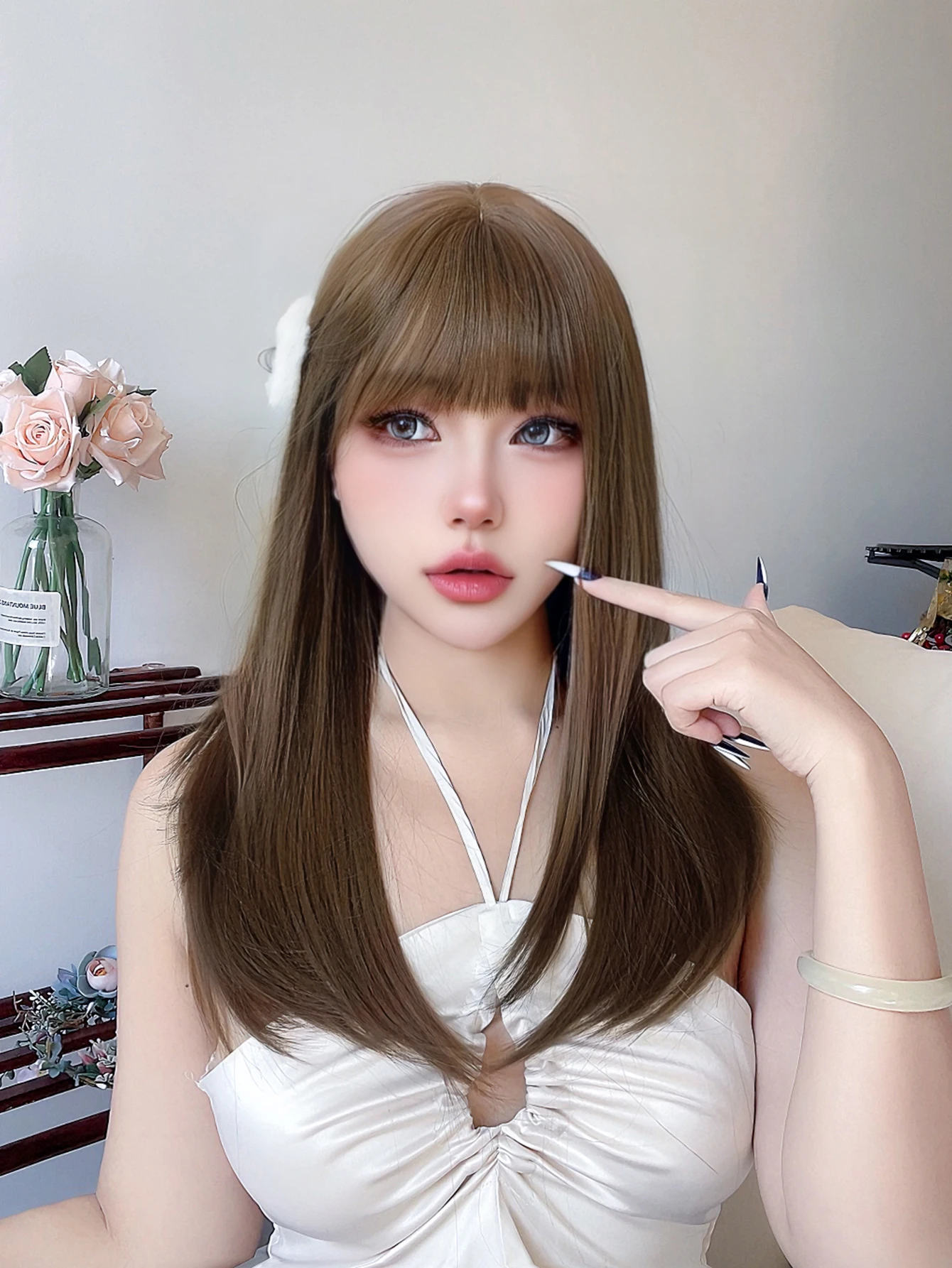 24Inch Honey Brown Color Lolita LADY STYLE Synthetic Wigs With Bang Long Straight Hair Wig For Women Daily Use Heat Resistant