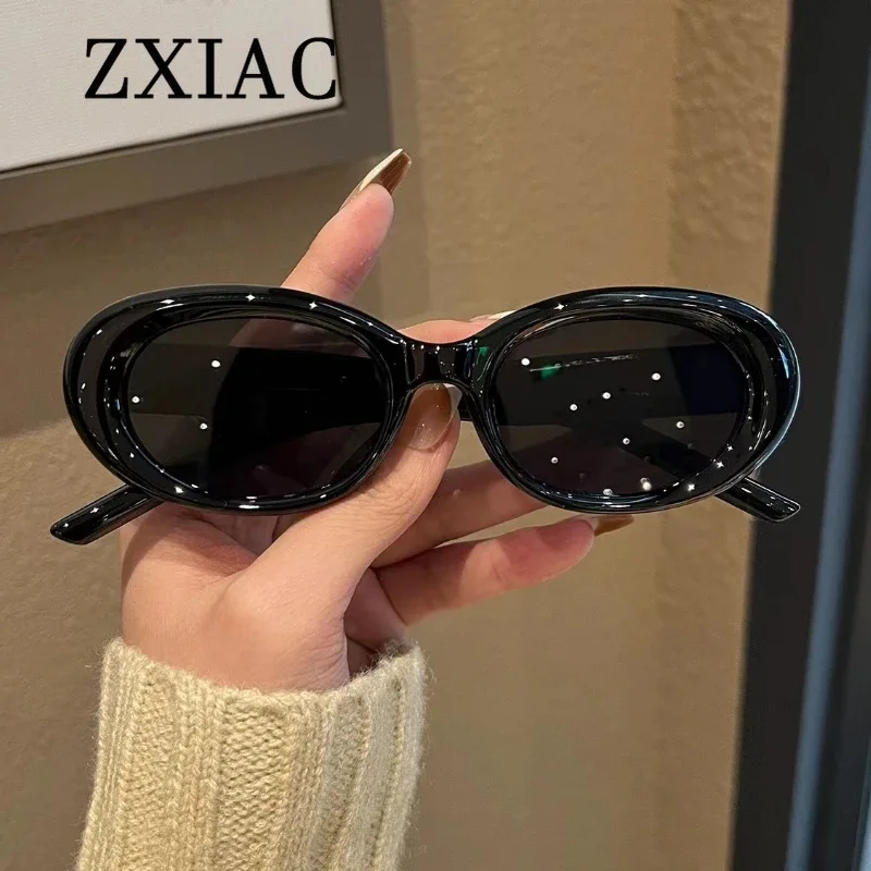 ZXIAC Fashion Retro Oval Sunglasses Women Trendy Rivet Decorated Sun Glasses Men Brand Designer Small Frame Gray Lens Shades UV