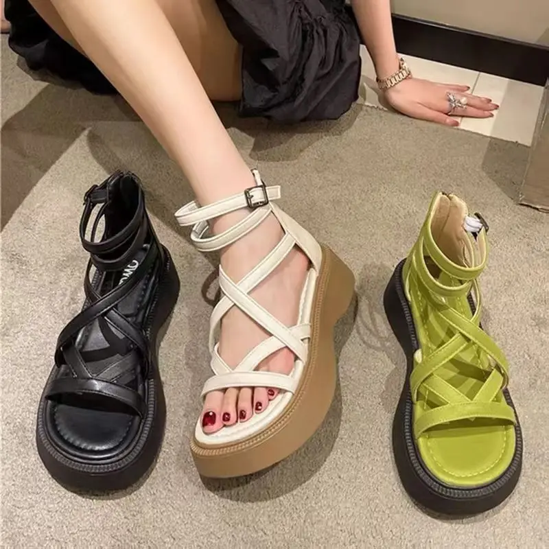 Sandalias de tacón ueso para mujer, de cuero suave, estilo romano, tacones altos, correa cruzada, cremallera, detalle trase...