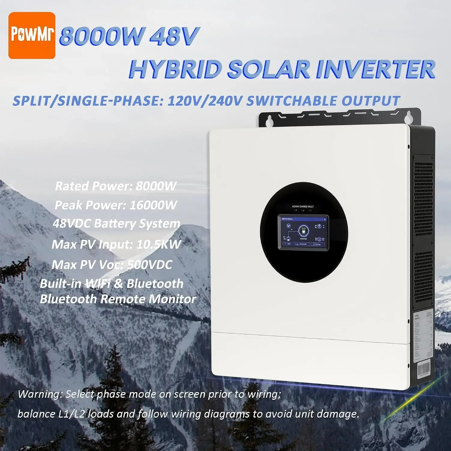 PowMr 8000W Solar Inverter, 48V DC To 110V/240V Split Phase, Pure Sine Wave Inverter W/120A MPPT Controller, Max.PV Input 10kW,500V,27A, Home Off-Grid Backup, Up 6 Units Parallel, Lead-Acid & Lithium