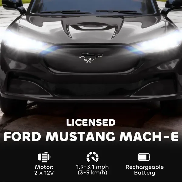 Coche para niños de 12 V, coche eléctrico Ford MusMach-E con licencia con control remoto, luz LED, música, negro