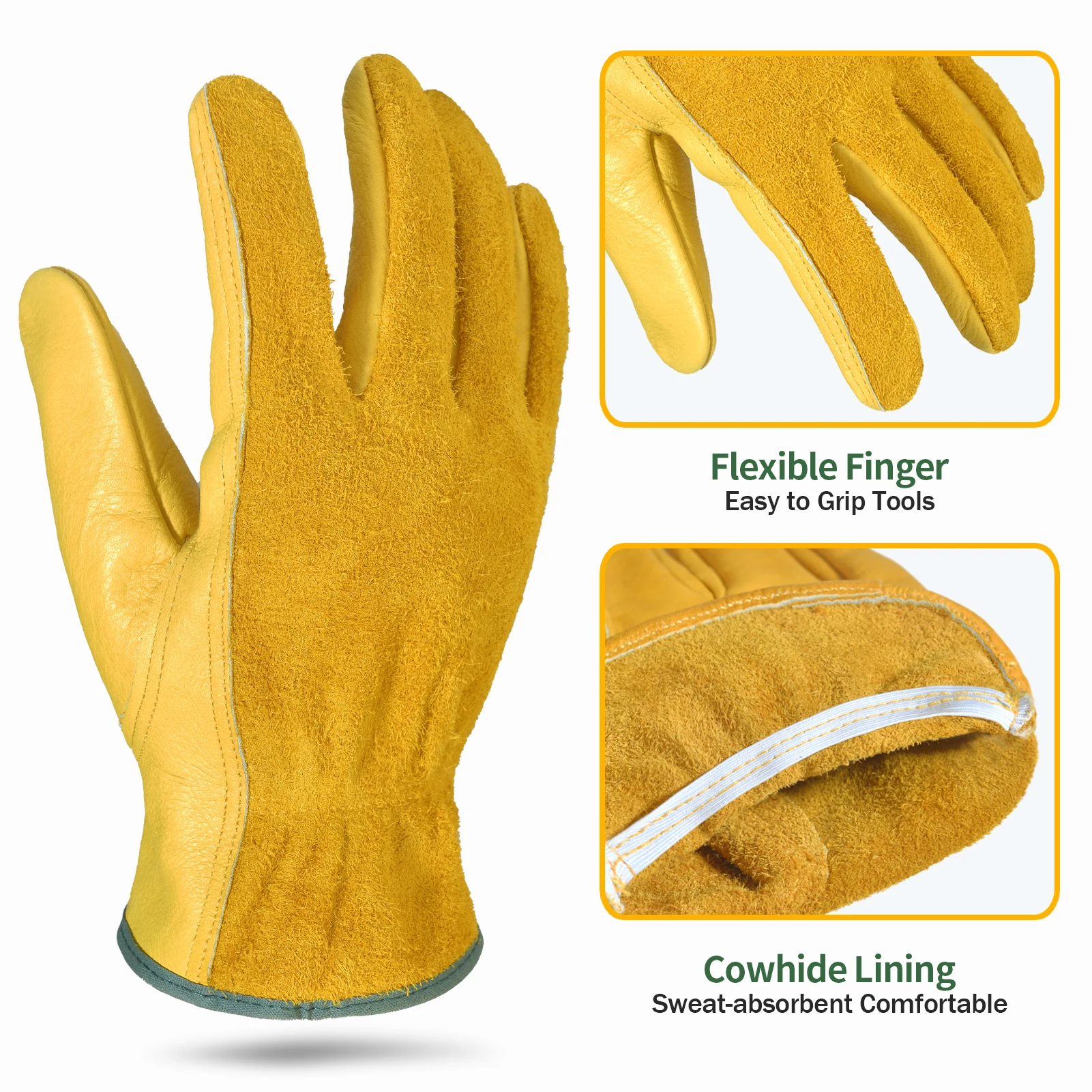 زوج واحد من قفازات العمل الجلدية ذات قبضة مرنة قابلة للتمدد من جلد البقر القوي #3
