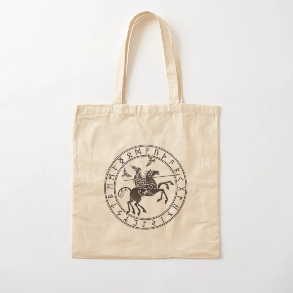 Odin on Norse Horse Sleipnir with 2 ravens Huginn and Muninn in a Viking Circle of Protection runes Grunge Texture Tote Bag