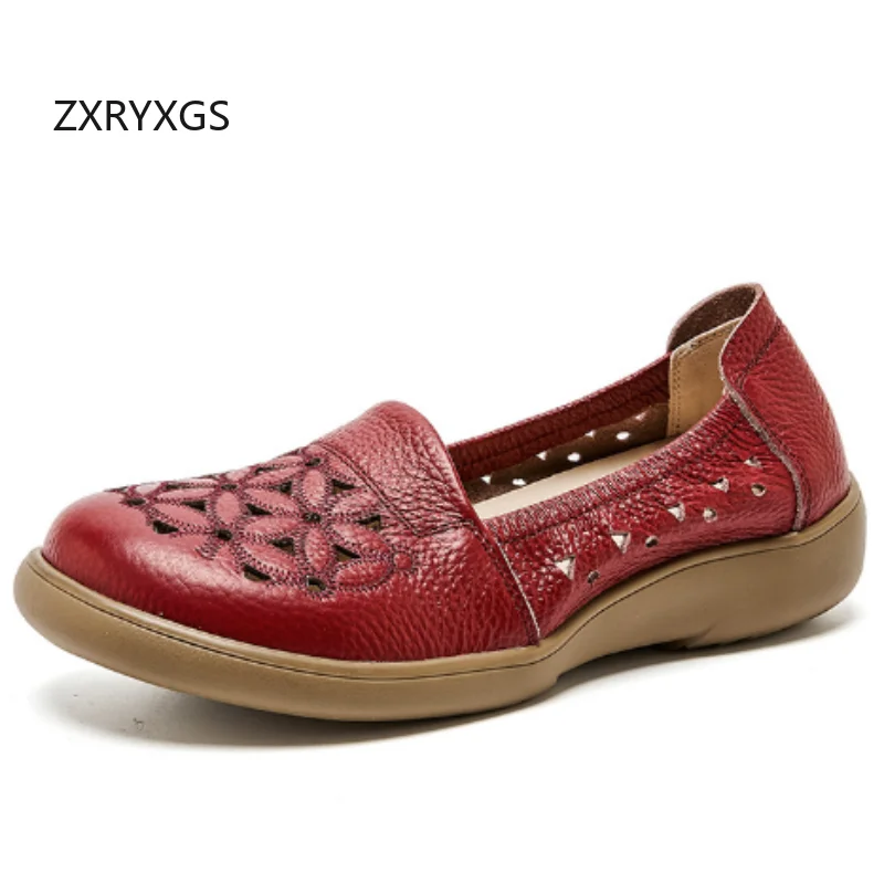 

ZXRYXGS 2025 Spring Summer Genuine Leather Hollow Shoes Flat Soft Sole Comfort Shallow Mouth Sandals Women Fashion Casual Shoes