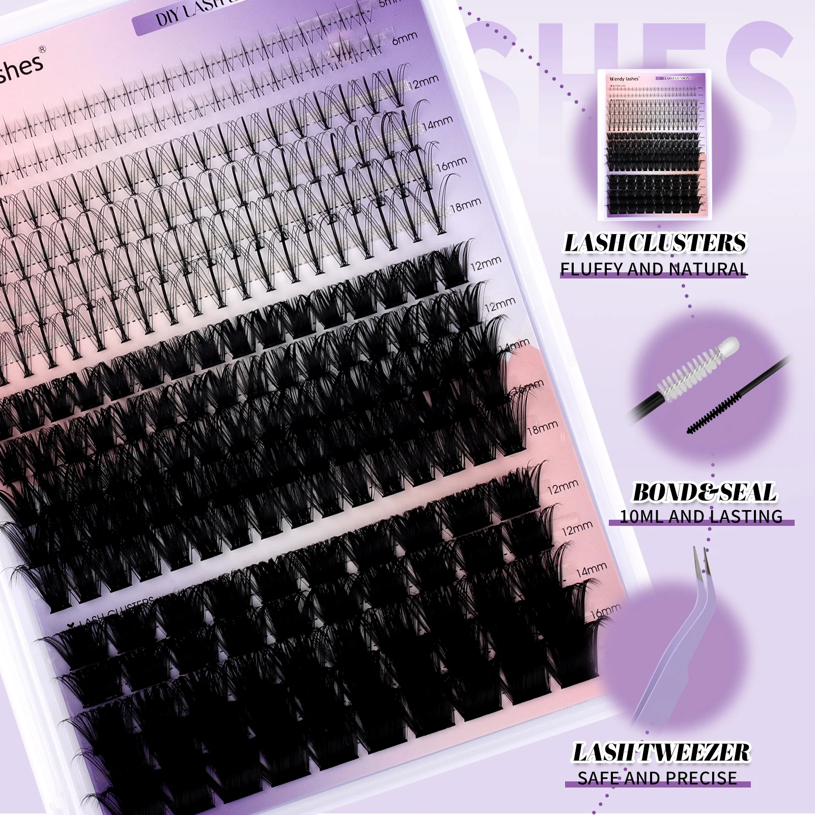 Wendy Lashes Mix Lash Clusters Zestaw do przedłużania rzęs i aplikator do rzęs z klejem do rzęs i aplikatorem do makijażu