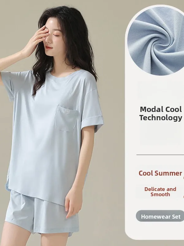 Ice Silk Modal Sleepwear Short Sleeve Thin Home Clothes Set for Women Summer Breathable Comfortable Print round Neck Pullover