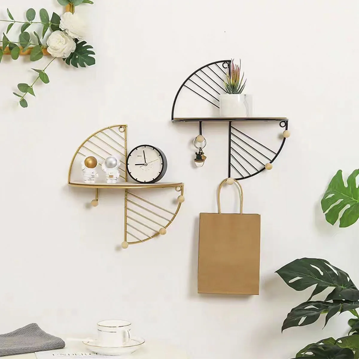 Wall Shelf - Home Suspended Shelf Creative Fan-shaped Half Round Living Room Wall Bookseller Storage Shelf Available Two Colors