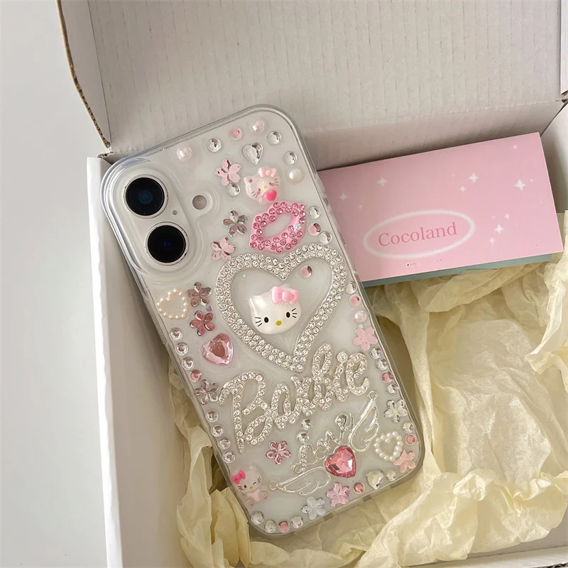 Lüks Elmas 3D Aşk Kalp Hello Kitty Glitter Kılıf iPhone 13 14 15 16 Pro Max Moda seksi dudaklar Melek kanatları KT Bling Kapak