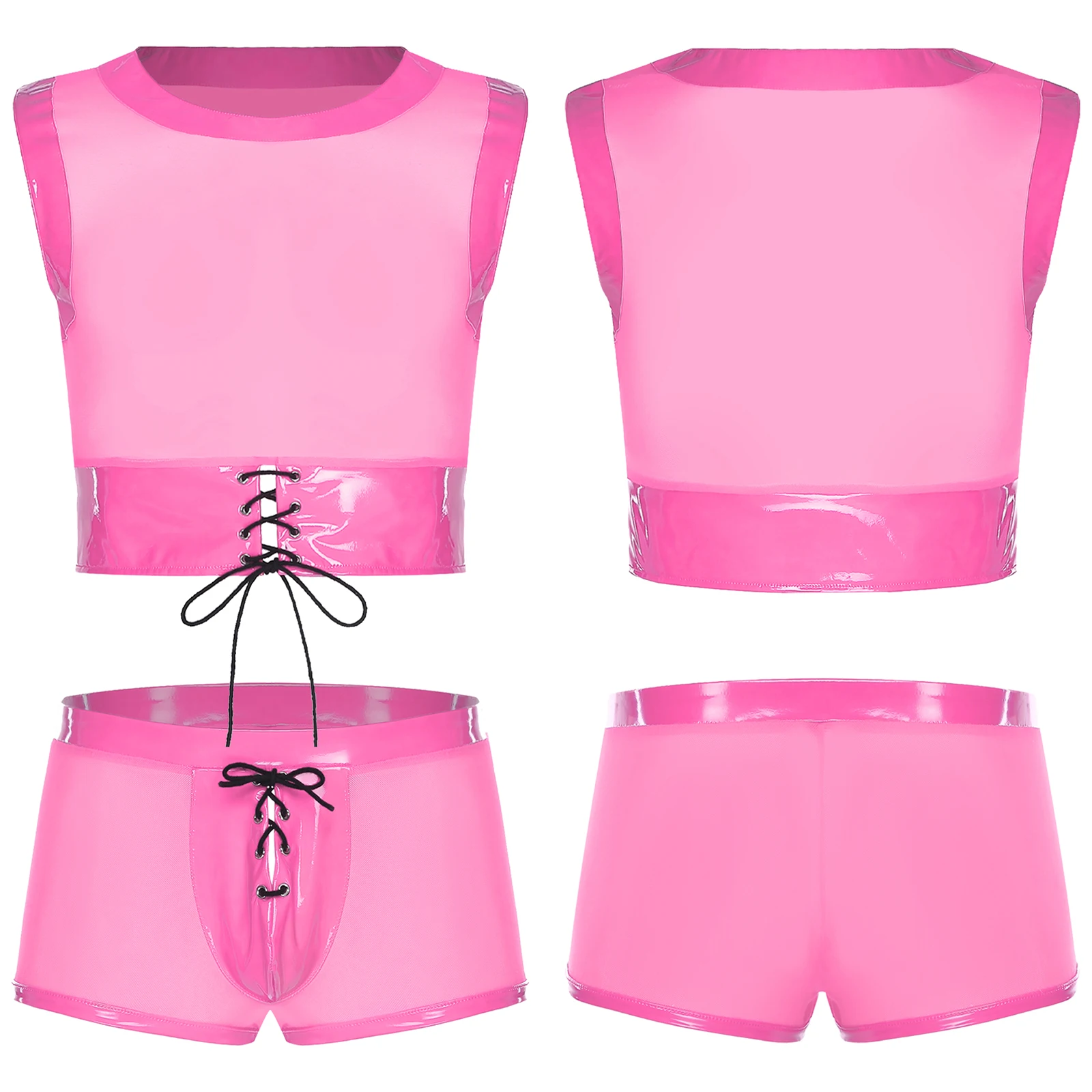 Mens 2Pcs Lingerie Sets See Through Mesh Outfit Round Neck Sleeveless Patent Leather Tank Tops with Bulge Crotch Briefs Shorts