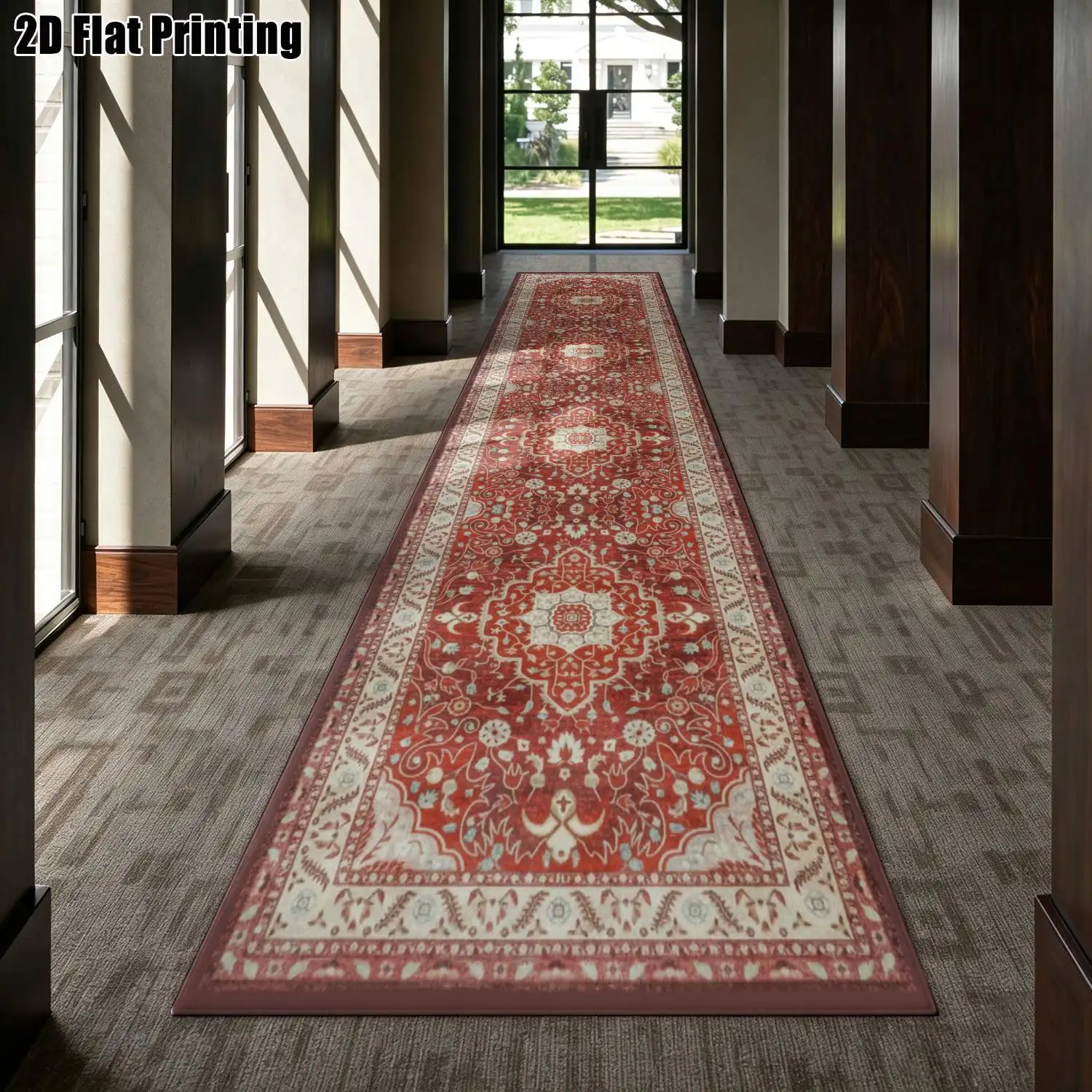 1Pc 2D Printed Long Strip Runner Rug: Red-Brown Symmetrical Floral Pattern, European/Retro/Geometric/Bohemian Style, Machine Washable, Multi-Size, Ideal for Entryway, Corridor, Living Room, Bedroom Home Decor