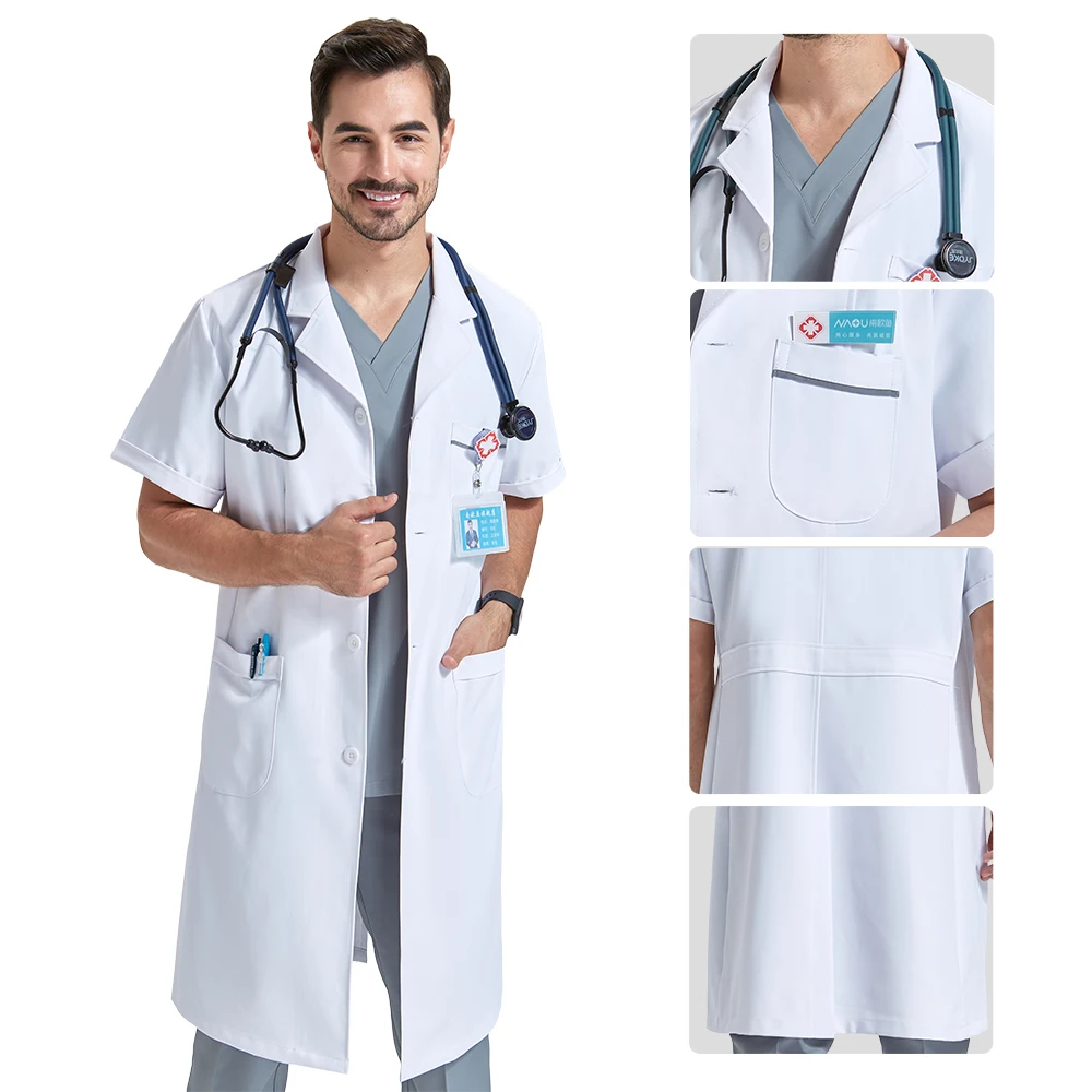 

Белый медицинский халат для врачей и аптек, мужской, из полиэстера и хлопка, прочный, с длинным рукавом, модель 707