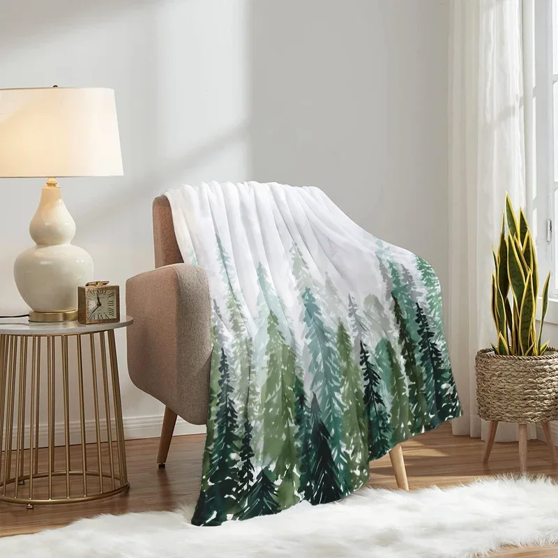 Cozy Forest Green Pine Tree Woodland Scenery Throw Blanket for Sofa Bedding Decor 150x230cm
