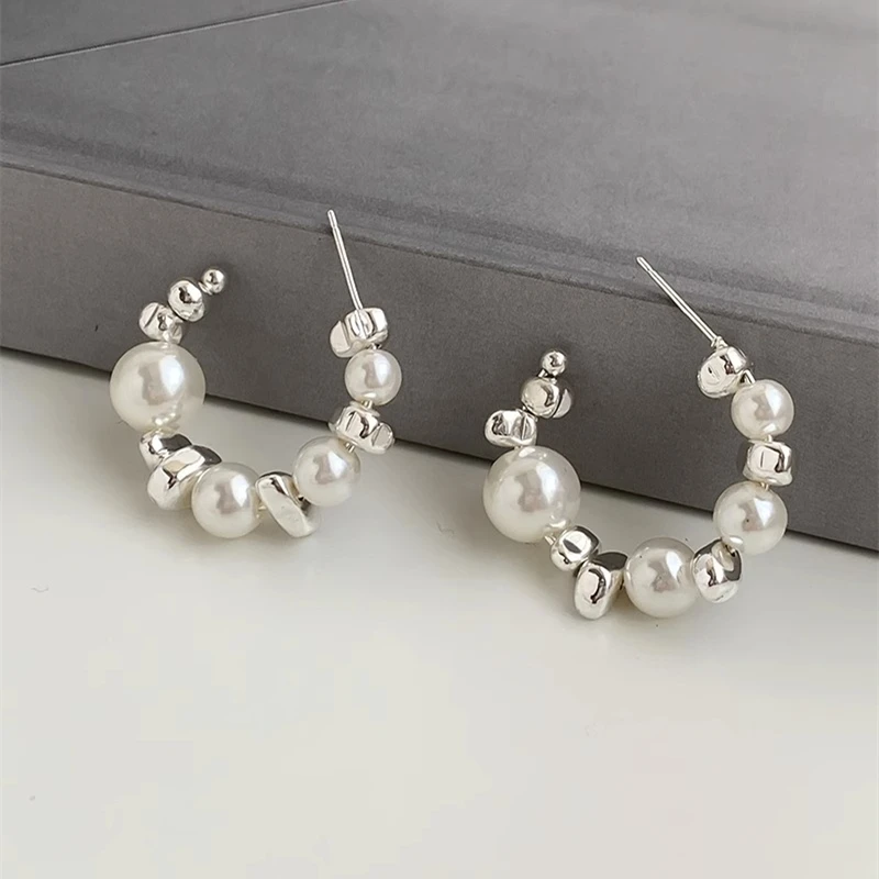 New Trend Irregular C-type Pearl Metal Gravel Pendant Earring for Women Korean Brincos Wedding Jewelry Girl Gift