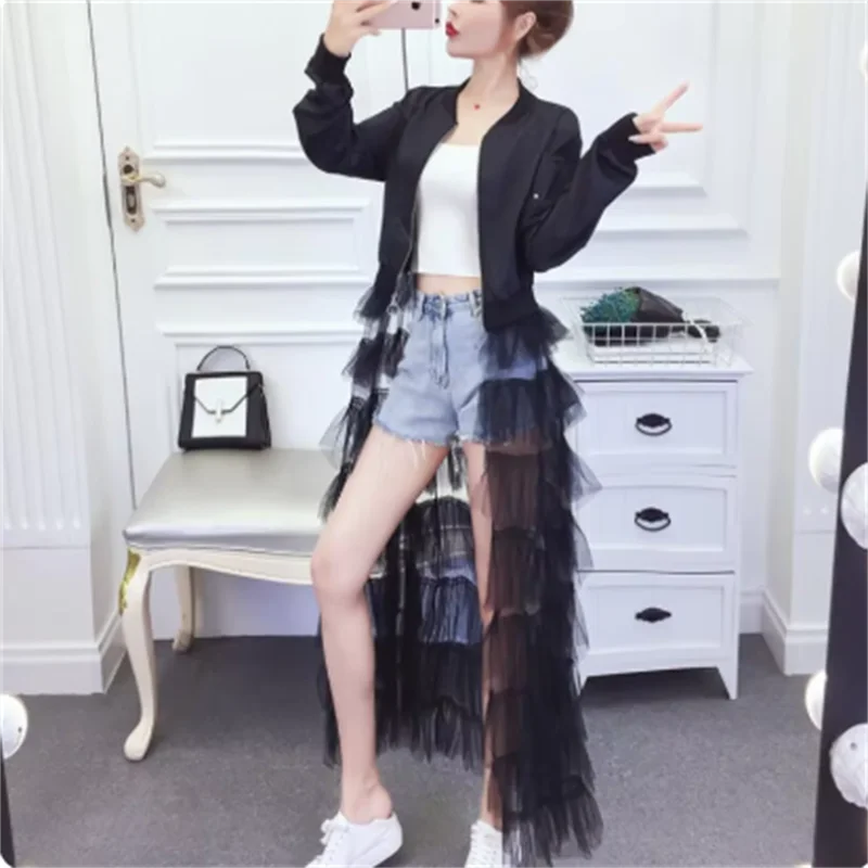 Spring  autumn casual bomber jacket female long section perspective mesh tiered cake jacket black windbreaker female casaco S-XL