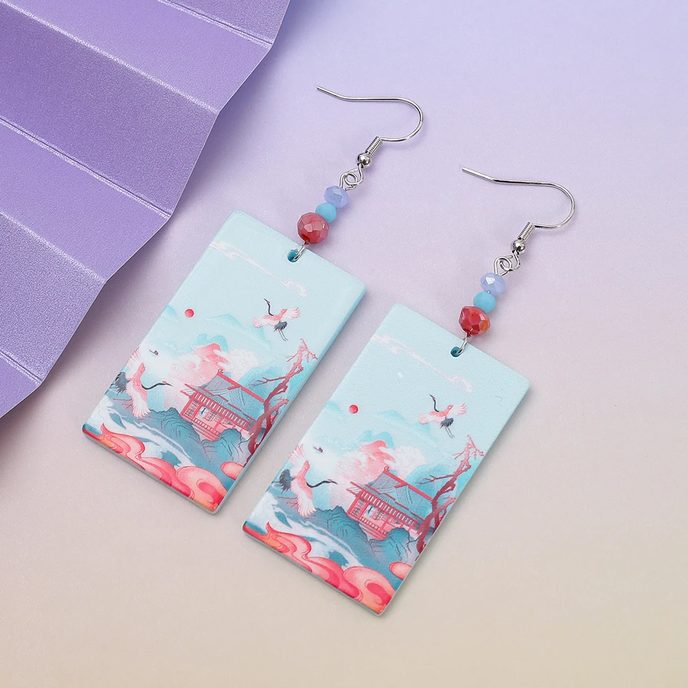 Fashion Auspicious Style Blue Pink Pattern Relievo Printing Crane Acrylic Earrings For Women Elegant Aesthetic Girls Jewelry