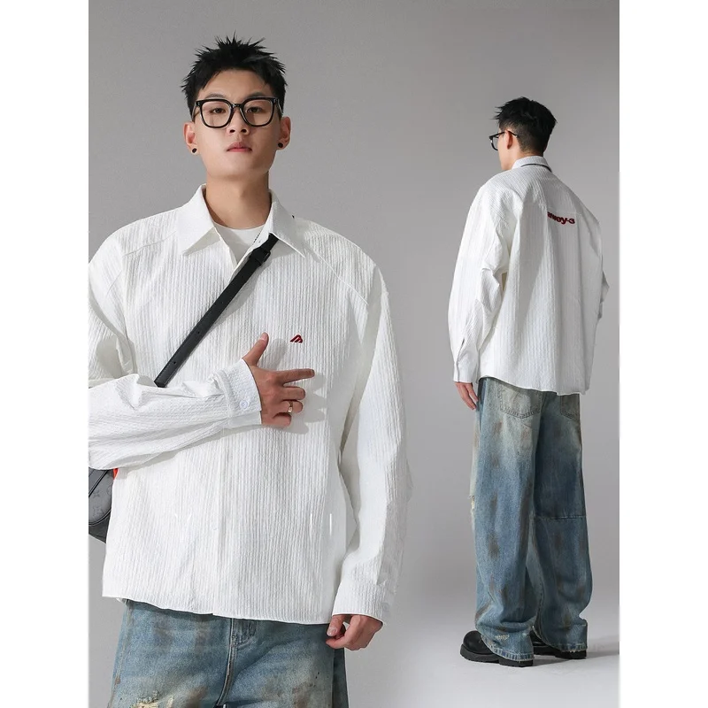 

YOUSHU Men's Long Sleeve Embroidered White Shirt Textured Shirt American Trendy Brand Premium Feel Autumn Collection
