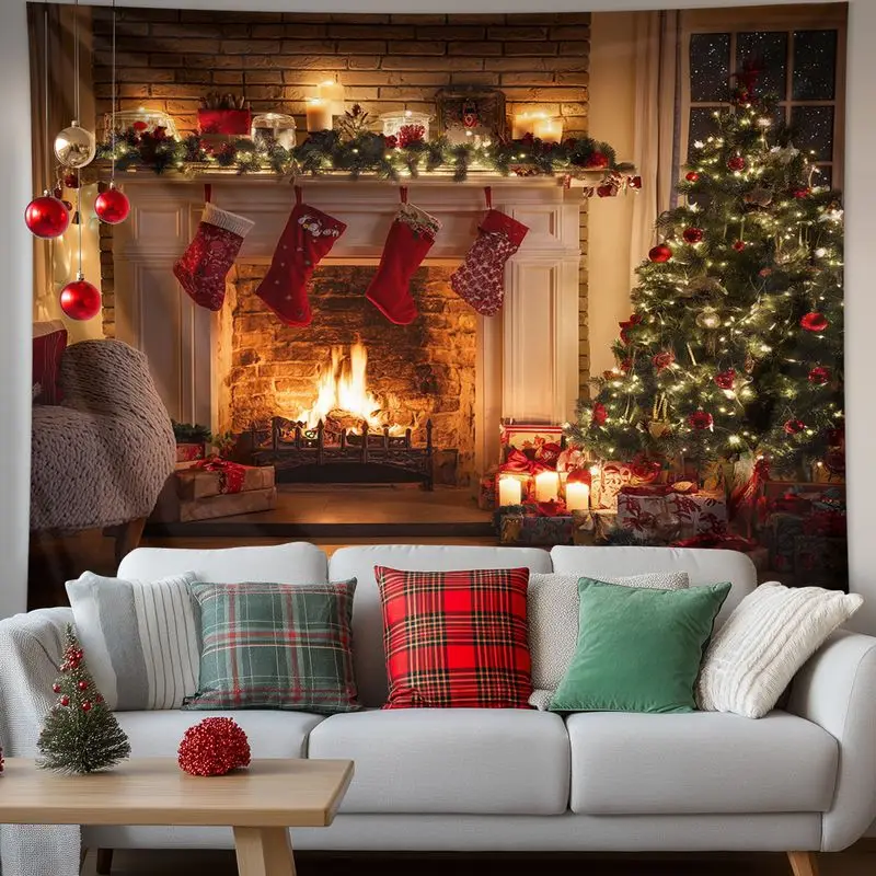 VIKAMA Red Brick Fireplace Christmas Tapestry Background Cloth Wall Decoration Living Room Background Wall Room Decoration