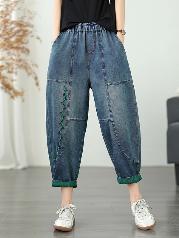 Dżinsy retro z haftem, codzienne, z wysokim stanem, elastyczne w pasie, bawełniane spodnie typu harlan, wyszczuplające, długość 7/8 dla kobiet plus size.