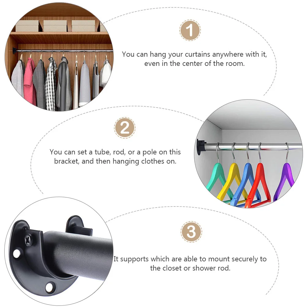 

1Set Stainless Steel Shower Rod Socket Black Closet Pole Holder Bracket Suitable for Clothline Towel Flange Rod Support Use