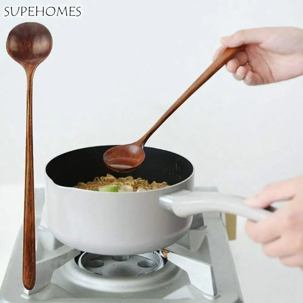

1Pcs Long Spoon Wooden Korean Style Natural Wood Long Handle Round Spoons For Soup Cooking Mixing Stir Spoon Dessert Spoon