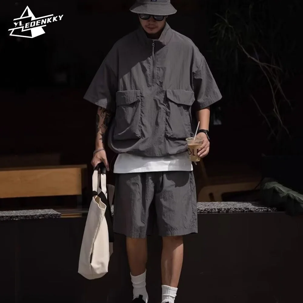 Quick-drying Cargo Set Men Harajuku Solid Color Loose Sunscreen T-shirt Wide Leg Oversize Sports Casual Shorts Summer 2pcs Suit