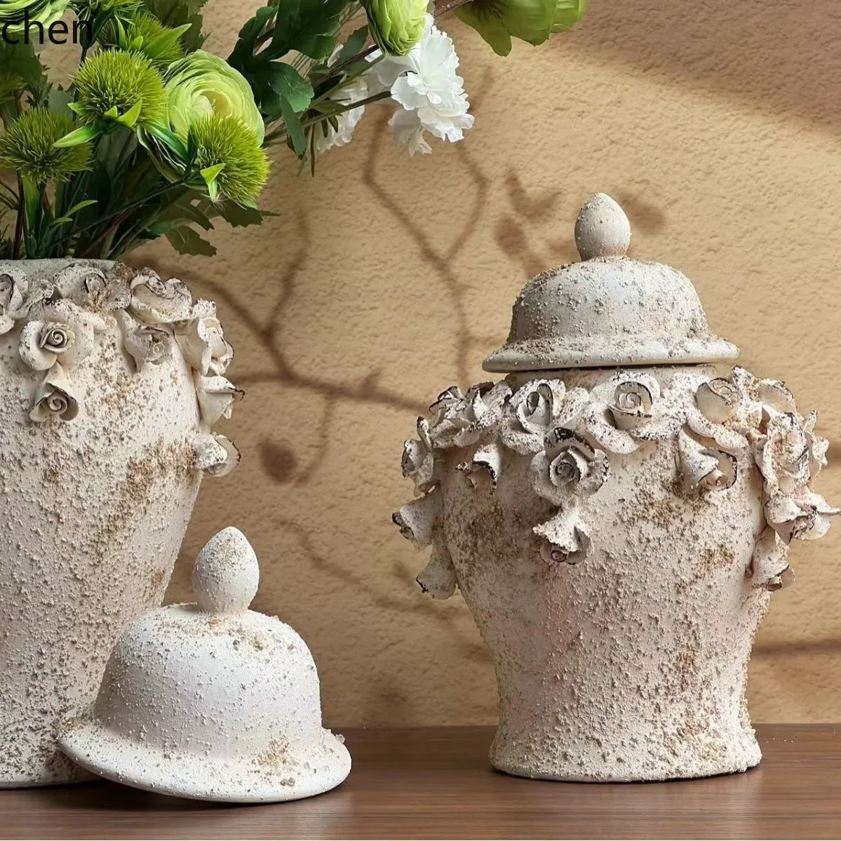 Hxl handcrafted pinched flower distressed ceramic vase ornament decorative storage jar