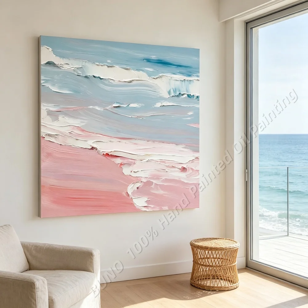 Hand Painted Abstract Oil Painting - Minimalist Textured Canvas Wall Art Neutral Beige Large Size for Living Room Bedroom Decor