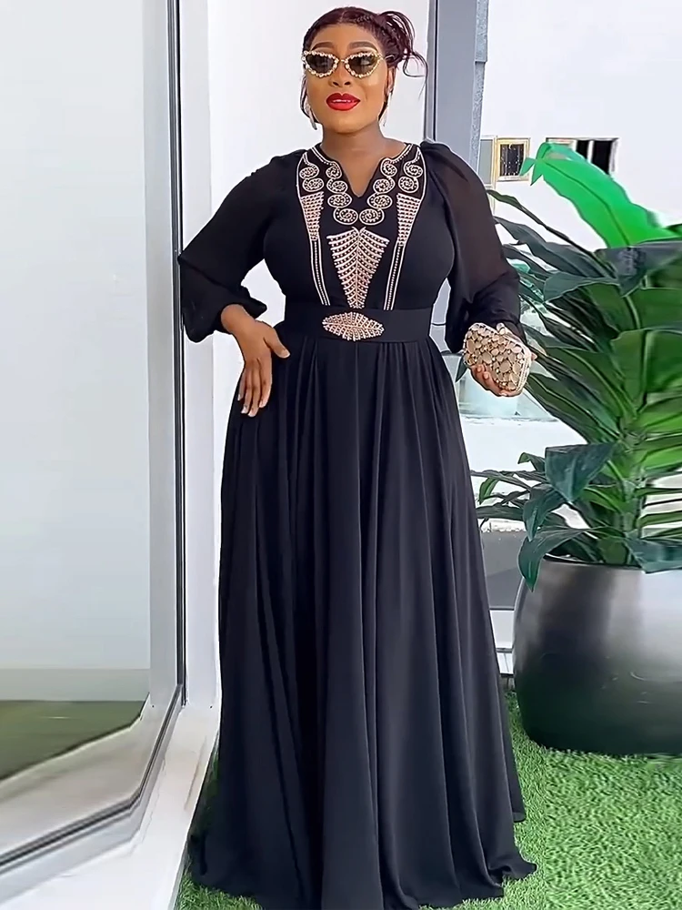 Chiffon Long Dresses For Women Wedding Party Prom Evening Gowns African Dashiki Beads Outfits Dubai Abayas 2024 Africa Clothes