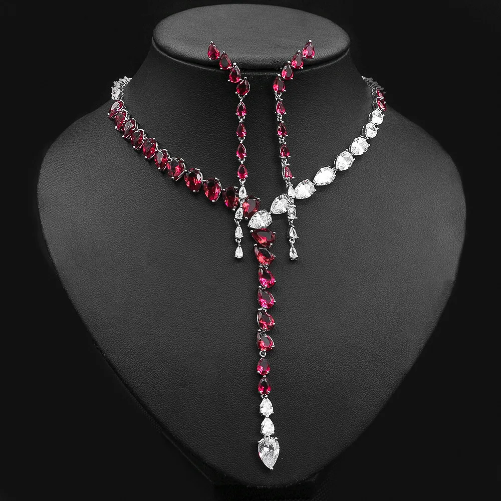 Ensemble de bijoux en pierre précieuse pour femme, magnifique robe de mariée, épissage en deux documents, goutte d'eau, synthétique, collier, boucles d'oreilles, 1 ensemble