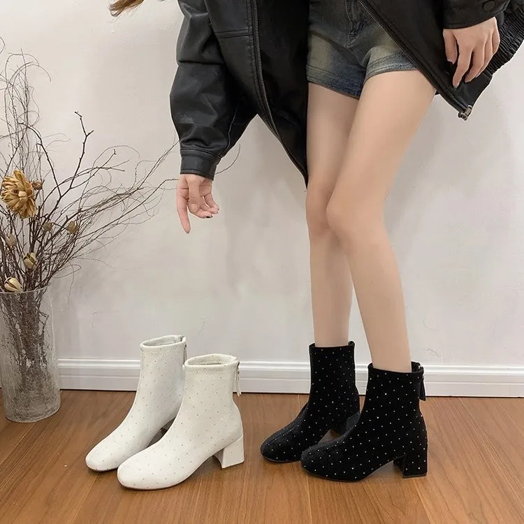 Spring and Autumn New Chunky Heel Rhinestone Ankle Boots, Performance Rhinestone High Heels