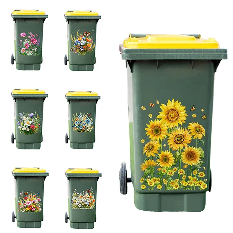 Sunflower Trash Can Stickers Floral Wheel Trash Can Stickers Self-Adhesive Waterproof PVC Decals For Walls Bathroom Home Decor view 5