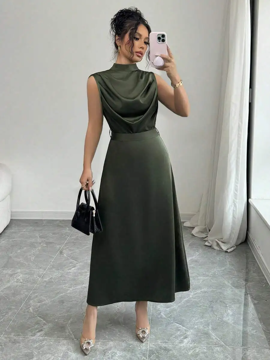 Elegant Sleeveless High Neck Satin Long Dress With Draped Bust And Fitted Waist Sage Green view 4