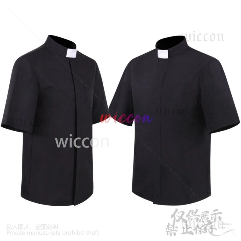 Anime Halloween Black Priest Shirt Men Cosplay Catholic Church Missionary Short Sleeve Top Role Play Roman Polo Shirt Customized