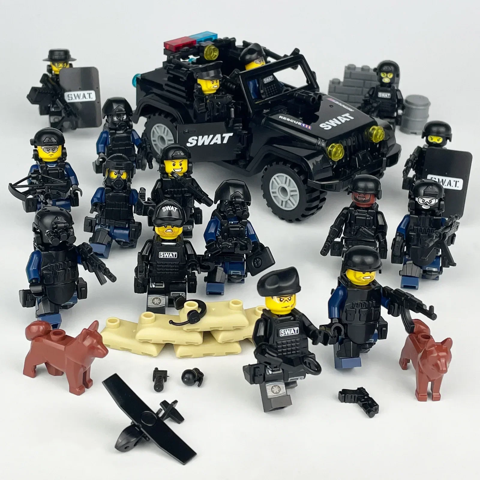 WW2 Military Special Forces Modern Soldier Police Car SWAT City Military Weapons Figures Building Blocks Mini Toy Christmas Gift