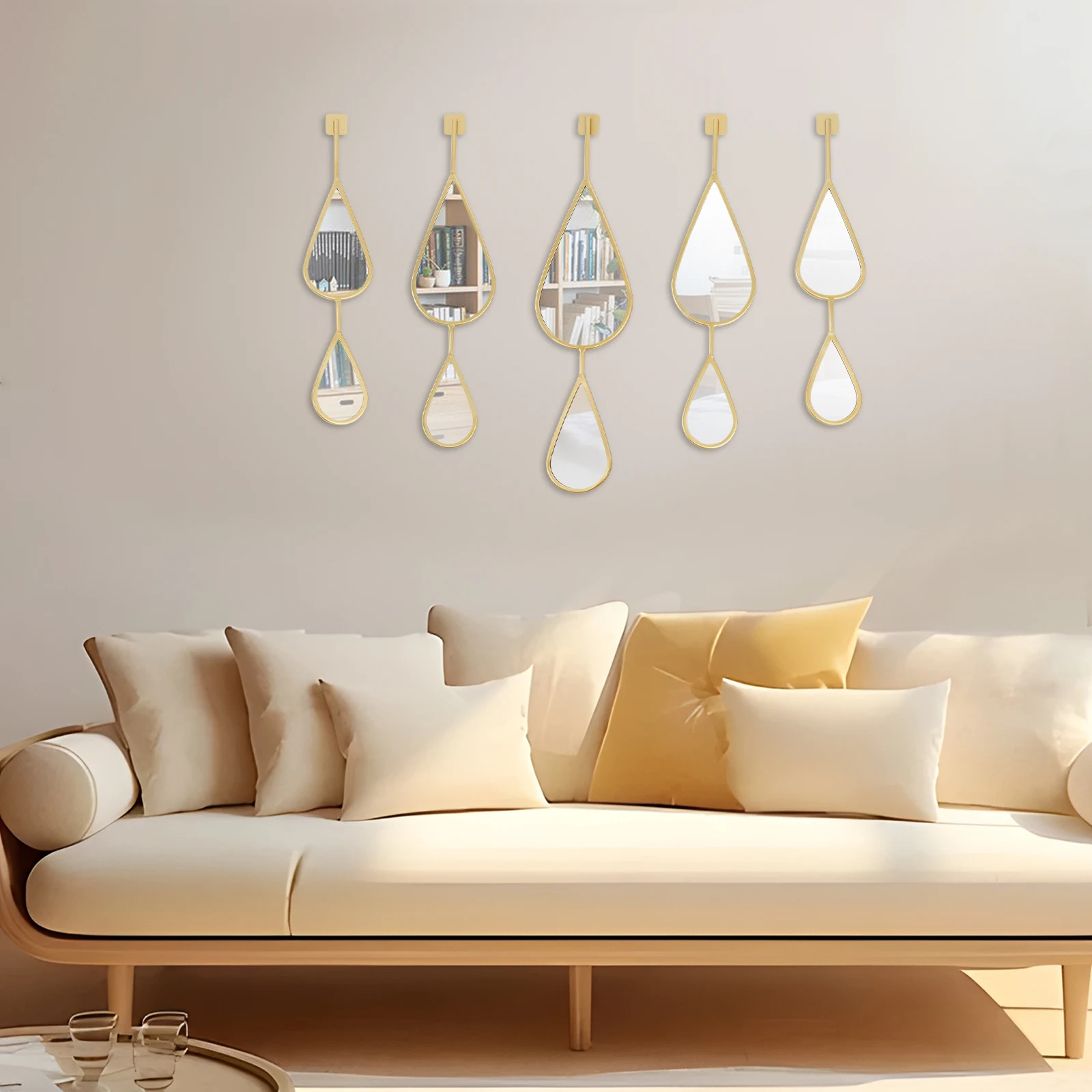 

5-Piece Teardrop Mirror Wall Art Set, Gold Frame Wall Decor with 3 Sizes, Modern Accent Mirrors for Living Room Entryway