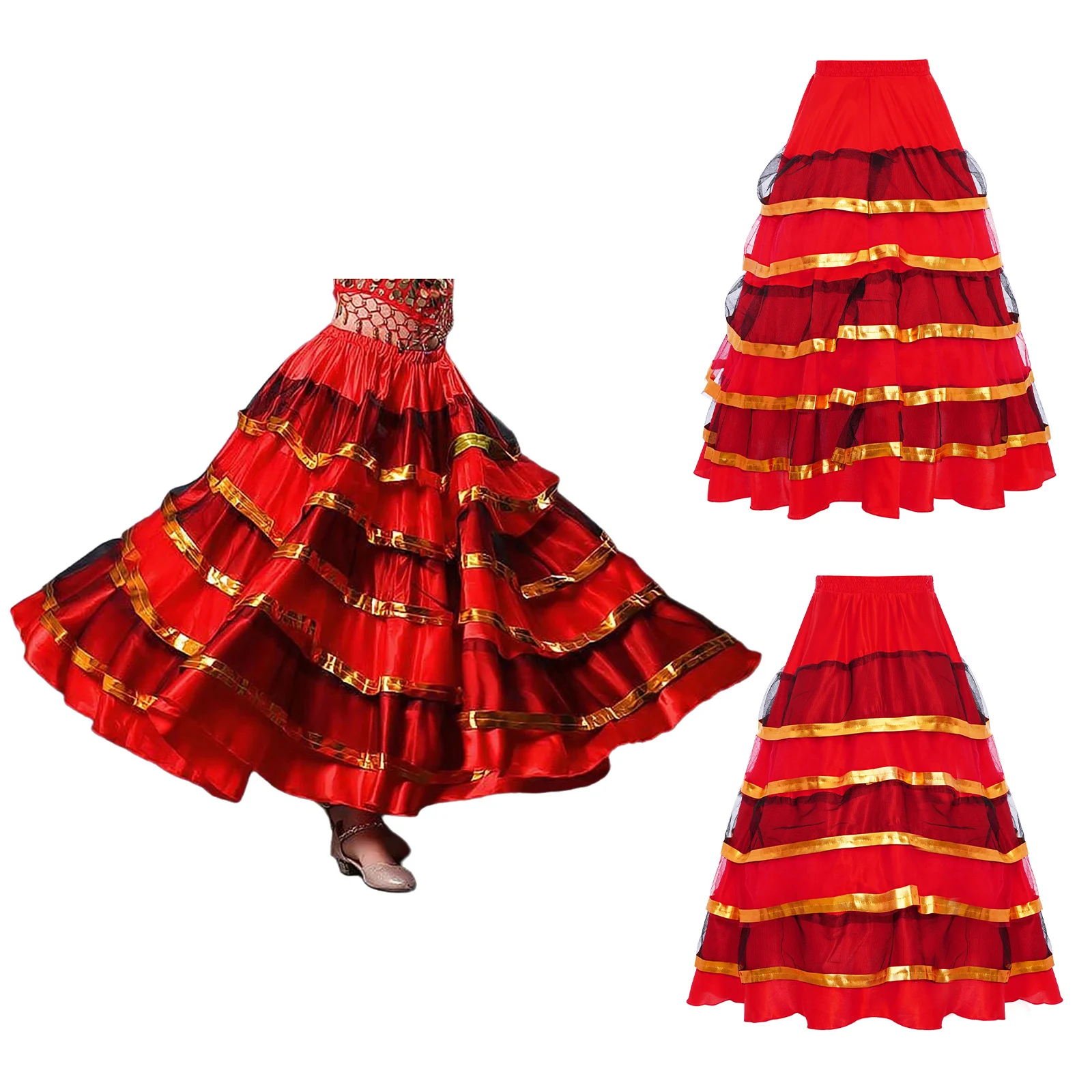Crianças meninas espanhol flamenco salão de baile dança do ventre traje em camadas babados cetim dança de salão clássico valsa grande balanço saia